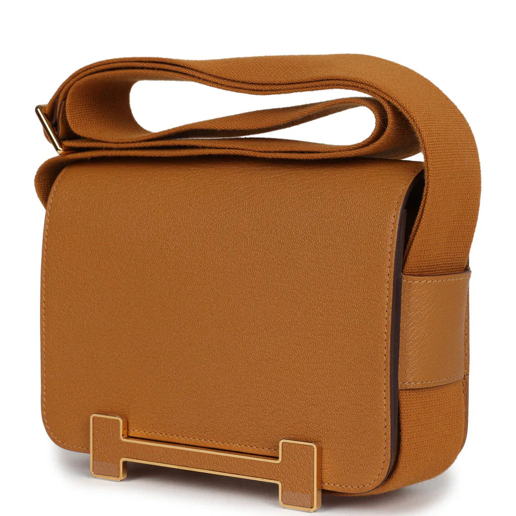 Caramel Tone Geometric H-Buckle Flap Shoulder Satchel with Adjustable Wide Strap