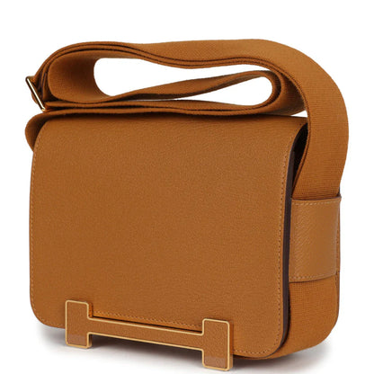 Caramel Tone Geometric H-Buckle Flap Shoulder Satchel with Adjustable Wide Strap