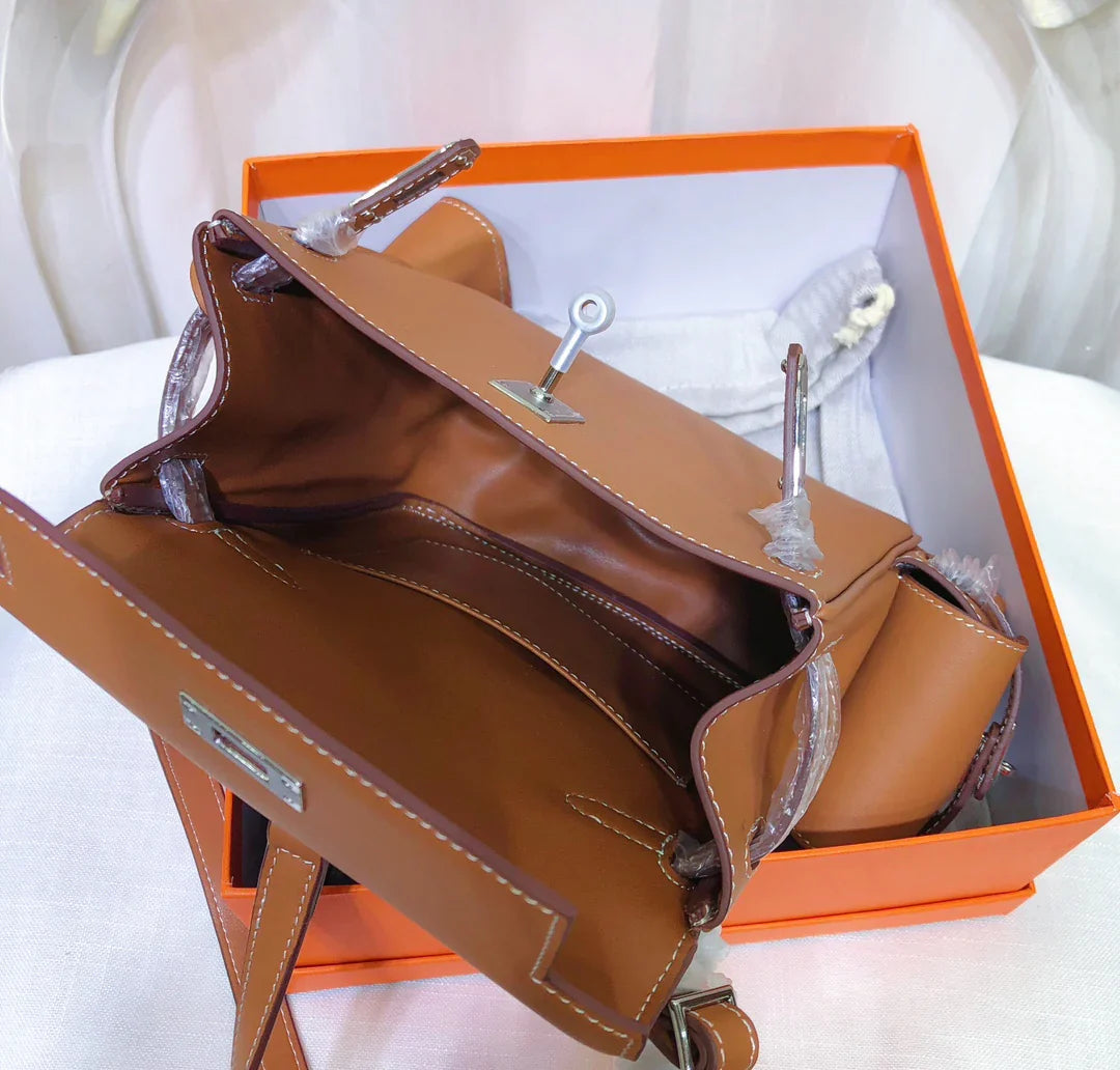 Caramel Brown Vertical Flap Turn-lock Daypack with Detachable Mini Matching Accessory Pouch
