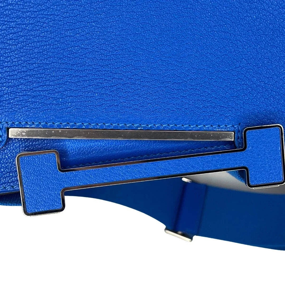 Electric Blue Geometric H-Clasp Flap Satchel with Customizable Wide Woven Strap