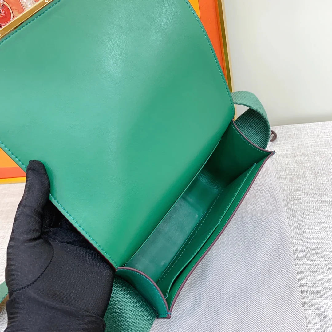 Emerald Green Framed H-Buckle Flap Satchel with Customizable Wide Fabric Shoulder Strap