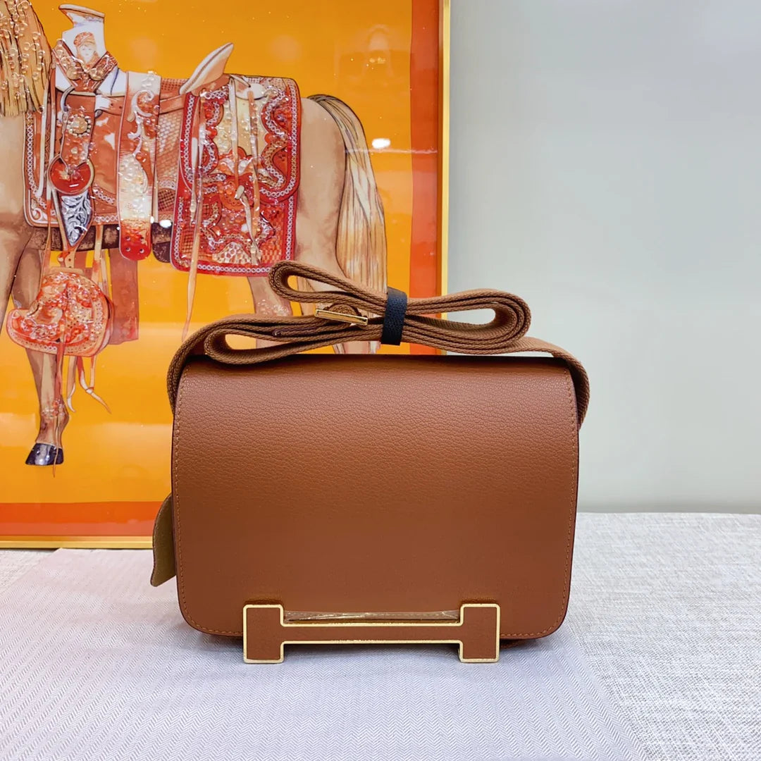 Caramel Tone Geometric H-Buckle Flap Shoulder Satchel with Adjustable Wide Strap