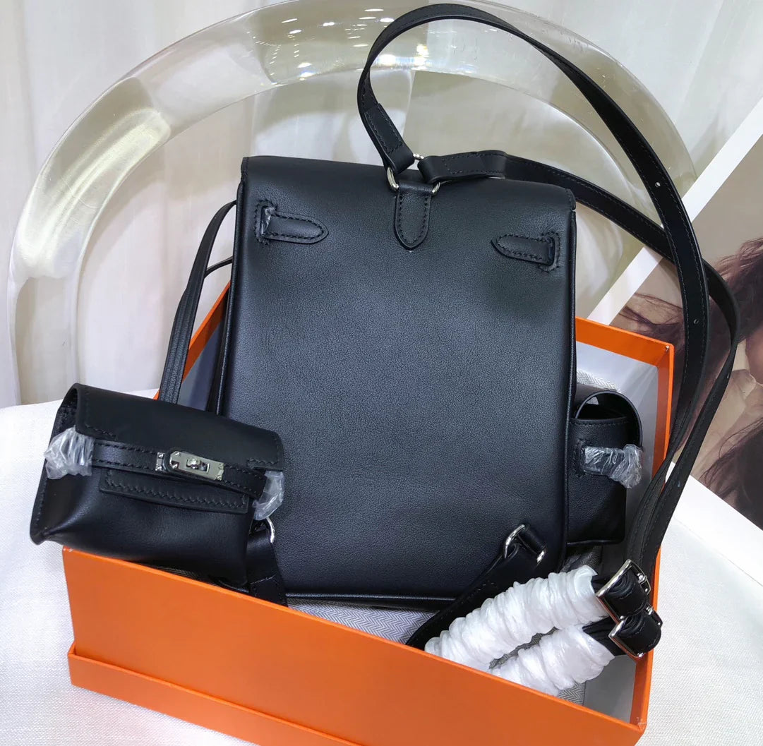 Jet Black Vertical Flap Turn-lock Backpack with Detachable Mini Accessory Pouch