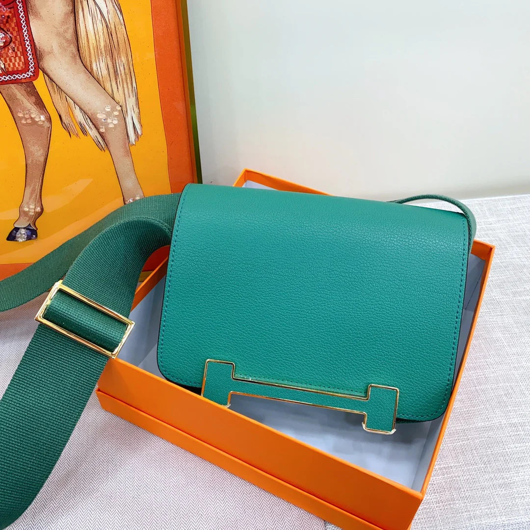 Emerald Green Framed H-Buckle Flap Satchel with Customizable Wide Fabric Shoulder Strap