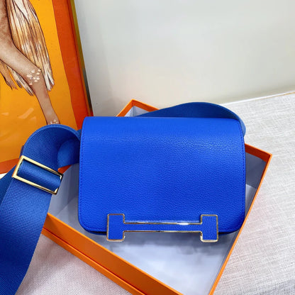 Electric Blue Geometric H-Clasp Flap Satchel with Customizable Wide Woven Strap