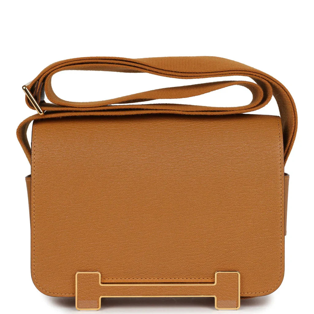 Caramel Tone Geometric H-Buckle Flap Shoulder Satchel with Adjustable Wide Strap