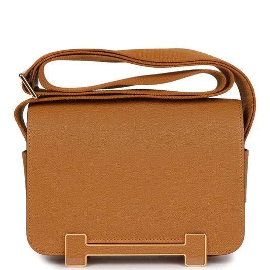 Caramel Tone Geometric H-Buckle Flap Shoulder Satchel with Adjustable Wide Strap