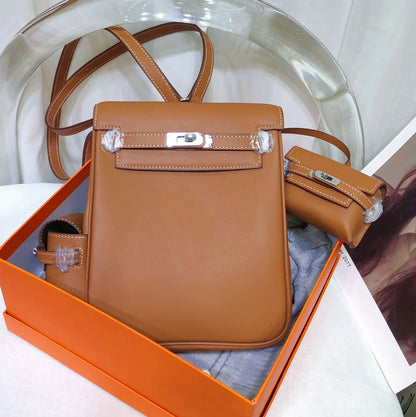Caramel Brown Vertical Flap Turn-lock Daypack with Detachable Mini Matching Accessory Pouch