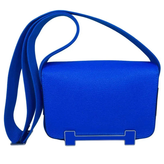 Electric Blue Geometric H-Clasp Flap Satchel with Customizable Wide Woven Strap