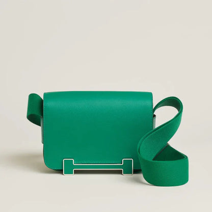 Emerald Green Framed H-Buckle Flap Satchel with Customizable Wide Fabric Shoulder Strap